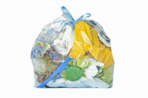 A clear plastic rubbish bag filled with various waste materials, including crumpled paper, yellow plastic packaging, and green and white plastic containers, sitting on a paved outdoor driveway or pavement. The bag appears loosely gathered at the top, with some of the contents visible through the semi-transparent plastic. The background shows an outdoor setting typical of a residential or commercial property in Anerley, with natural lighting highlighting the different textures and colours of the waste. This image relates to rubbish removal services provided by Business Waste Removal Anerley, operating within the postcode area around Anerley, illustrating the type of waste that might be collected from local homes or businesses for proper disposal or recycling.